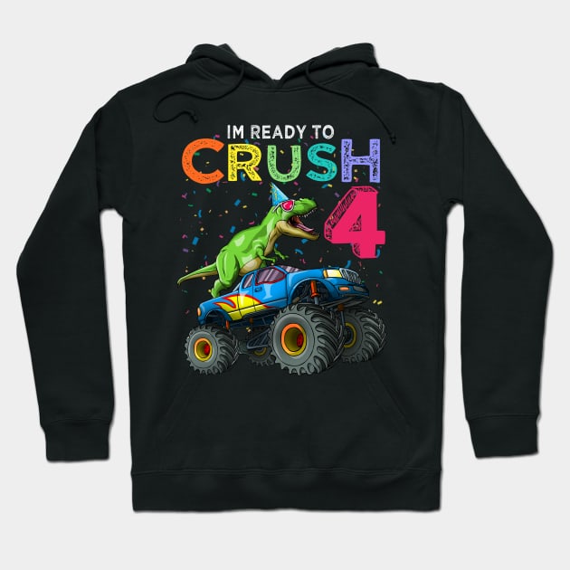 Dinosaur T-Rex Monster Truck 4th Birthday 4 yrs old Bday Gift Hoodie by Blink_Imprints10